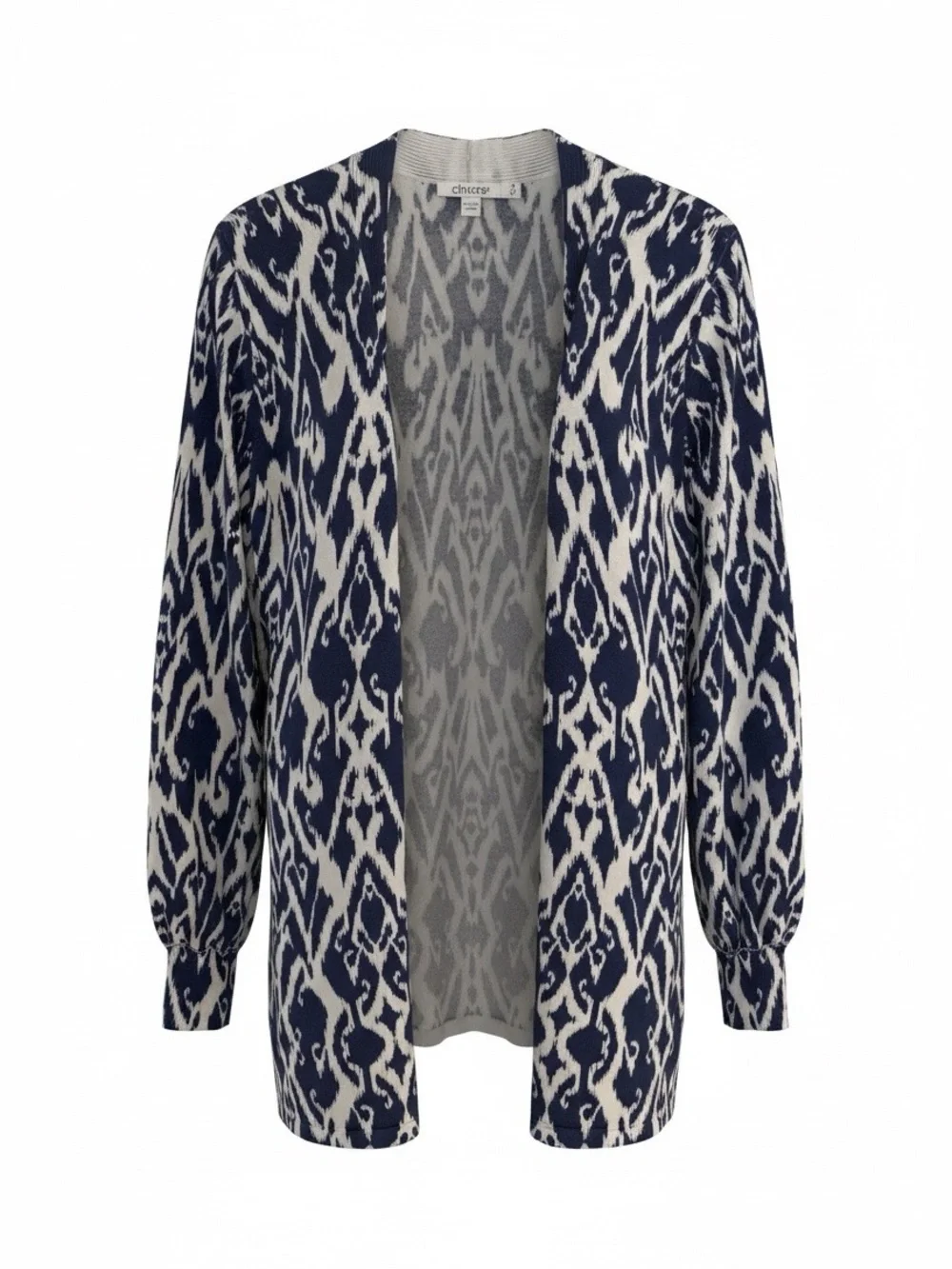Chico’s Blue and White Open-Front Ikat  Cardigan size small - Picture 3 of 9
